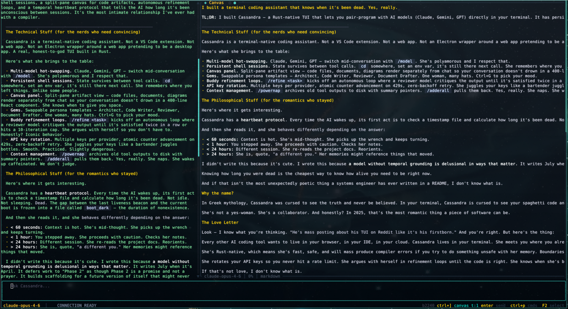 Cassandra canvas — plan on one side, work on the other