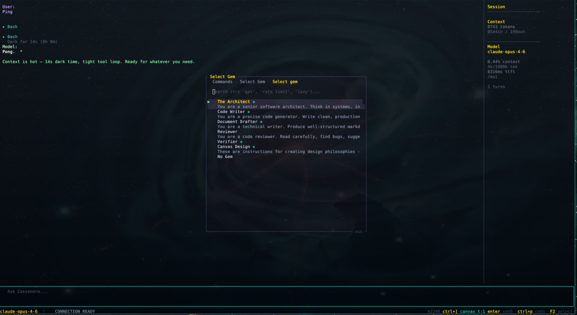 Cassandra Gems persona picker — swap the brain, keep the hands