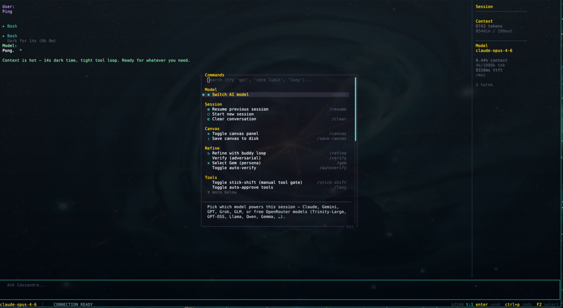 Cassandra command palette with fuzzy search over glass panels