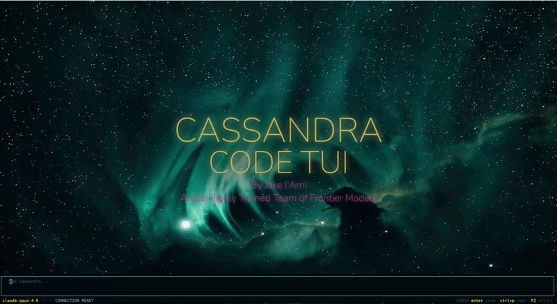 Cassandra welcome screen — nebula breathing behind gold title